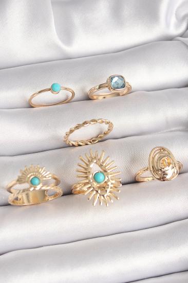 Erb Pirinç Gold Renk Mavi Taşlı Göz Model Kare Zirkon Taşlı Kadın Yüzük Kombini
