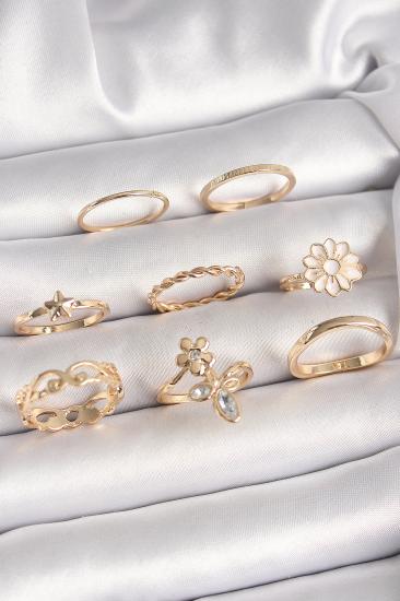 Erb Pirinç Gold Renk Çiçek Model Zirkon Taş Detay Kadın Yüzük Kombini
