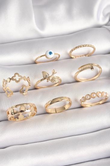 Erb Pirinç Gold Renk Nazar Boncuk Model Kuş Detay Kadın Yüzük Kombini
