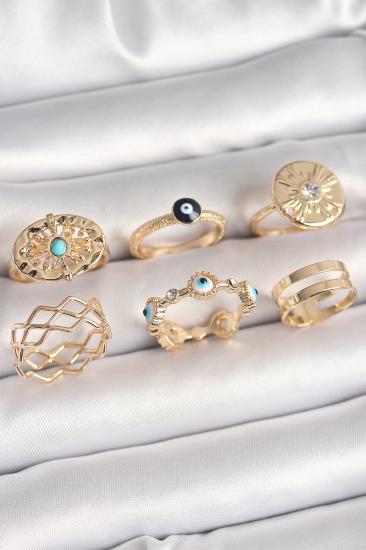 Erb Pirinç Gold Renk Mavi Taşlı Zirkon Taş Detaylı Dalga Model Kadın Yüzük Kombini