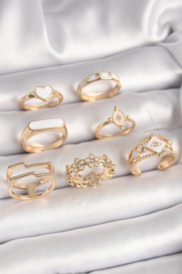Erb Pirinç Gold Renk Beyaz Mineli Kalp Zirkon Taşlı Çiçek Detay Kadın Yüzük Kombini
