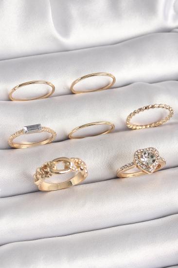 Erb Pirinç Gold Renk Zirkon Taşlı Kalp Figür Düğüm Detay Kadın Yüzük Kombini