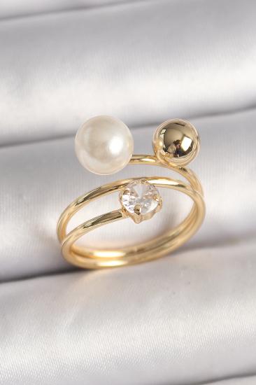 Erb Pirinç Gold Renk Zirkon Taşlı Top İnci Model Kadın Yüzük