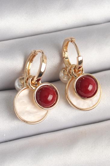 Erb Pirinç Gold Renk Sallantı Beyaz Mineli Bordo Detay Kadın Küpe