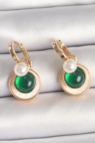 Erb Pirinç Gold Renk Beyaz Yeşil Sallantı Mineli Kadın Küpe