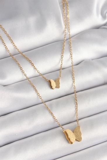 Erb 316L Çelik Gold Renk 2\\'Li Simli Kelebek Model Kadın Kolye