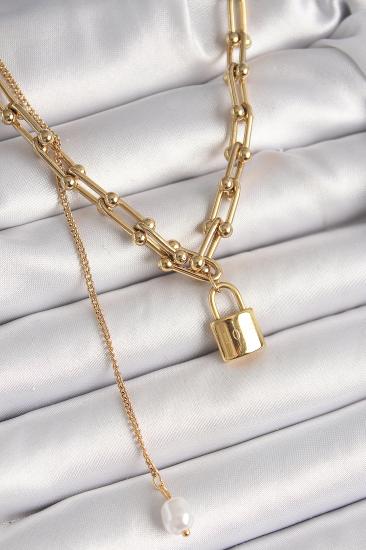 Erb 316L Çelik Gold Renk Tiffany Zincir Model Kilit Figür Sallantı İnci Detay Kadın Kolye
