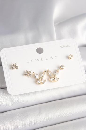 Erb 925 Ayar Gümüş Çivi Pirinç Gold Renk Zirkon Taşlı Kelebek Model Kadın Küpe Seti