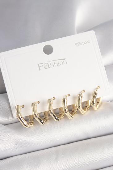 Erb 925 Ayar Gümüş Çivi Pirinç Gold Renk Bambu Halka Model Kadın Küpe Seti