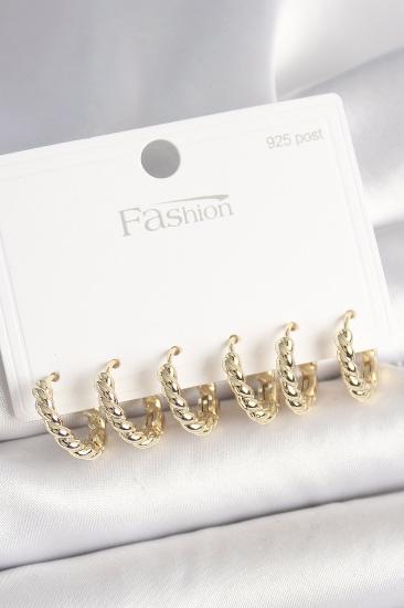 Erb 925 Ayar Gümüş Çivi Pirinç Gold Renk Sarmal Halka Model Kadın Küpe Seti