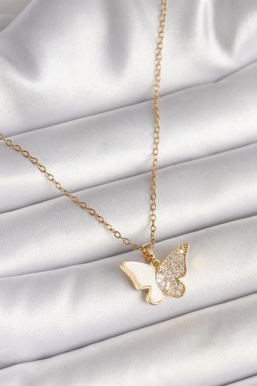 Erb 316L Çelik Gold Renk Zincir Zirkon Taşlı Beyaz Mineli Kelebek Model Kadın Kolye