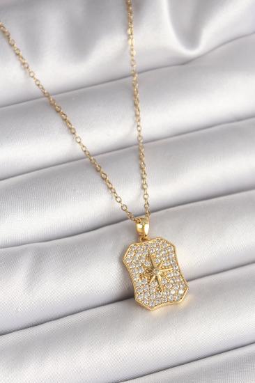 Erb 316L Çelik Gold Renk Zincir Zirkon Taşlı Kutup Yıldız İşlemeli Madalyon Model Kadın Kolye