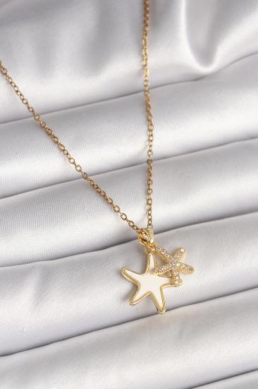 Erb 316L Çelik Gold Renk Zincir Zirkon Taşlı Beyaz Mineli Deniz Yıldızı Model Kadın Kolye