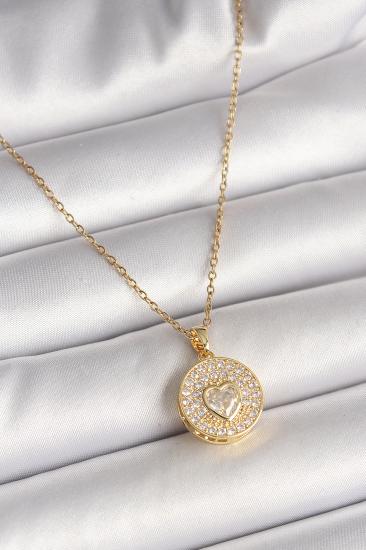 Erb 316L Çelik Gold Renk Zincir Madalyon Zirkon Taşlı Kalp Model Kadın Kolye