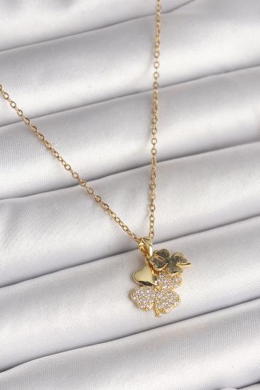 Erb 316L Çelik Gold Renk Zincir Sallantı Zirkon Taşlı Yonca Model Kadın Kolye