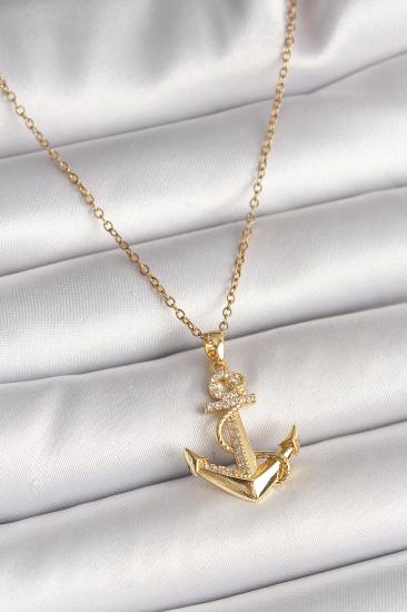 Erb 316L Çelik Gold Renk Zincir Zirkon Taş Detaylı Çapa Model Kadın Kolye