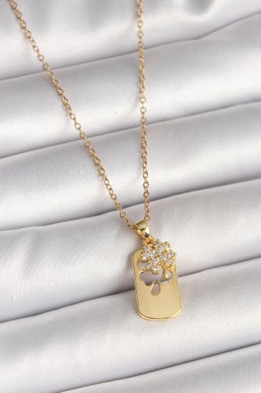 Erb 316L Çelik Gold Renk Zincir Zirkon Taşlı Yonca Model Kadın Kolye
