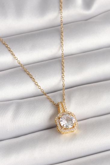 Erb 316L Çelik Gold Renk Zincir Zirkon Taşlı Kare Model Kadın Kolye