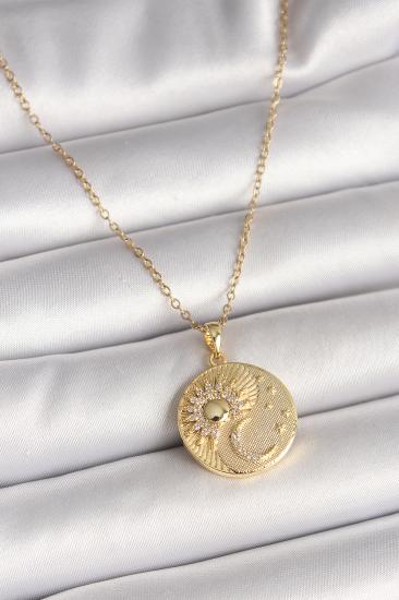 Erb 316L Çelik Gold Renk Zincir Zirkon Taşlı Ay Güneş İşlemeli Madalyon Model Kadın Kolye