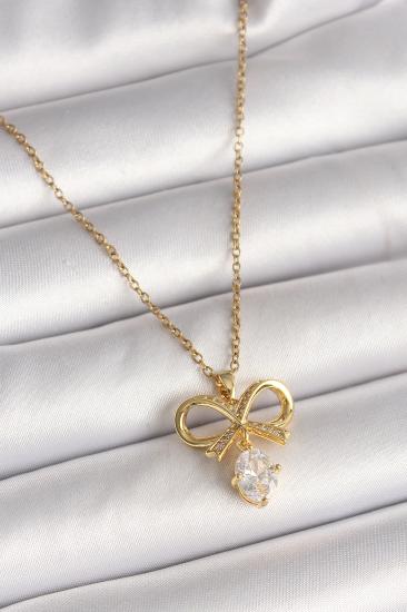 Erb 316L Çelik Gold Renk Zincir Zirkon Taşlı Kurdele Model Kadın Kolye