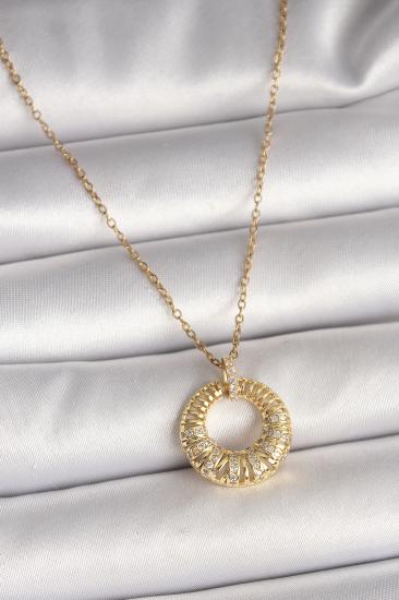 Erb 316L Çelik Gold Renk Zincir Zirkon Taş İşlemeli Daire Model Kadın Kolye