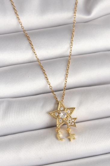 Erb 316L Çelik Gold Renk Zincir Zirkon Taşlı Yıldız Model Sallanı Ay Yıldız Detay Kadın Kolye