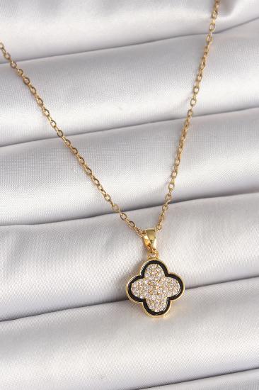 Erb 316L Çelik Gold Renk Zincir Zirkon Taşlı Yonca Model Kadın Kolye