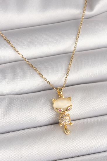 Erb 316L Çelik Gold Renk Zincir Zirkon Taşlı Kedi Model Kadın Kolye
