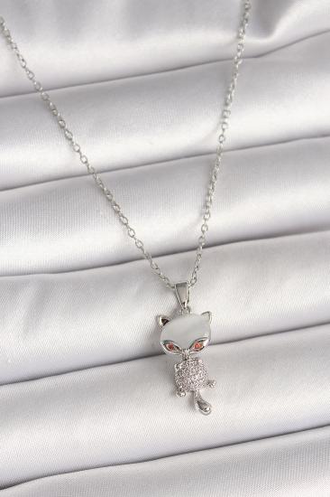 Erb 316L Çelik Gümüş Renk Zincir Zirkon Taşlı Kedi Model Kadın Kolye