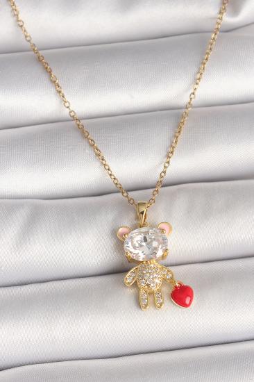 Erb 316L Çelik Gold Renk Zincir Zirkon Taşlı Ayıcık Model Kırmızı Kalp Detay Kadın Kolye