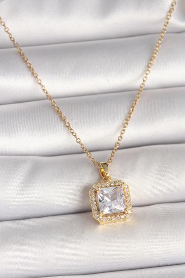 Erb 316L Çelik Gold Renk Zincir Kare Zirkon Taşlı Model Kadın Kolye