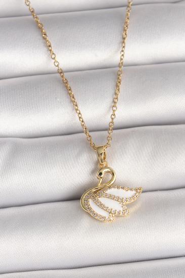 Erb 316L Çelik Gold Renk Zincir Zirkon Taşlı Kuğu Model Kadın Kolye