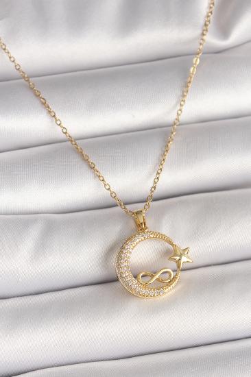 Erb 316L Çelik Gold Renk Zincir Zirkon Taşlı Ay Yıldız Model Sonsuzluk Detay Kadın Kolye