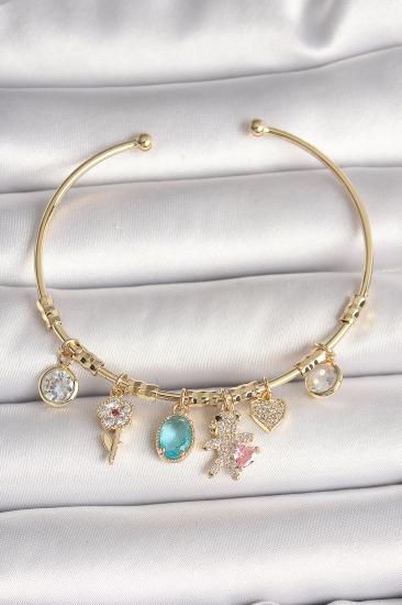 Erb Pirinç Gold Renk Sallantı Zirkon Taşlı AYıcık Figür Kalp Detay Charm Kadın Bileklik