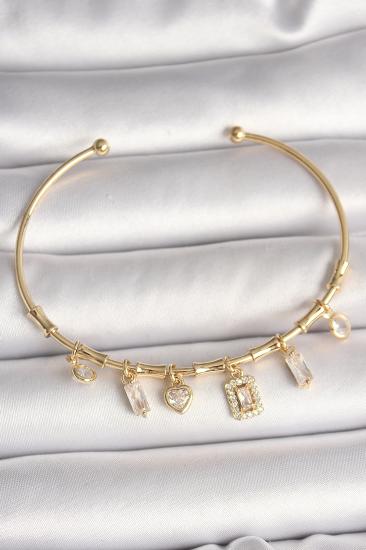 Erb Pirinç Gold Renk Sallantı Zirkon Taşlı Kare Figür Kalp Detay Charm Kadın Bileklik