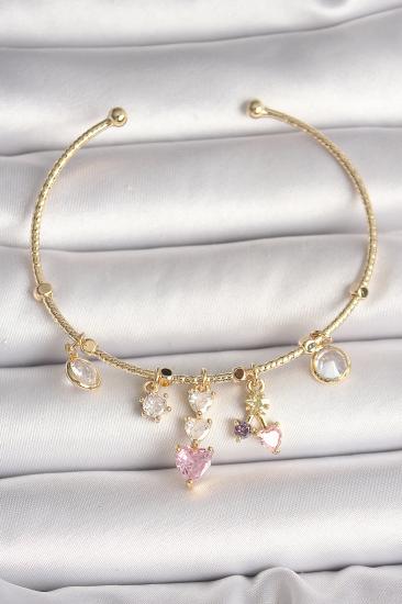 Erb Pirinç Gold Renk Sallantı Zirkon Taşlı Kalp Figür Pembe Kalp Detay Charm Kadın Bileklik