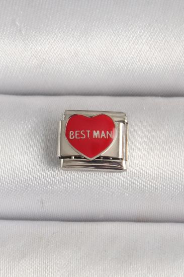 Erb 316L Çelik Gümüş Renk \\'Best Man\\' Yazılı Kırmızı Kalp İşlemeli Nomination Charm