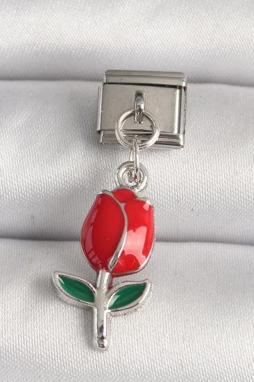 Erb 316L Çelik Gümüş Renk Kırmızı Gül Model Nomination Charm