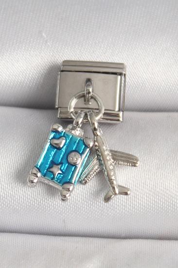 Erb 316L Çelik Gümüş Renk Mavi Bavul Uçak Model Nomination Charm