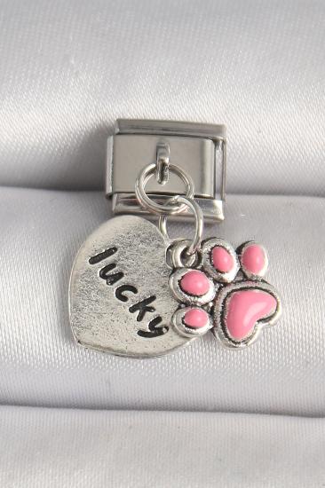 Erb 316L Çelik Gümüş Renk Pembe Pati \\'lucky\\' İşlemeli Kalp Model Nomination Charm