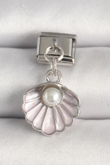 Erb 316L Çelik Gümüş Renk Pembe Deniz Kabuğu Model İnci Detay Nomination Charm