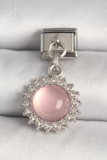 Erb 316L Çelik Gümüş Renk Pembe Mineli Zirkon Taşlı Güneş Model Nomination Charm