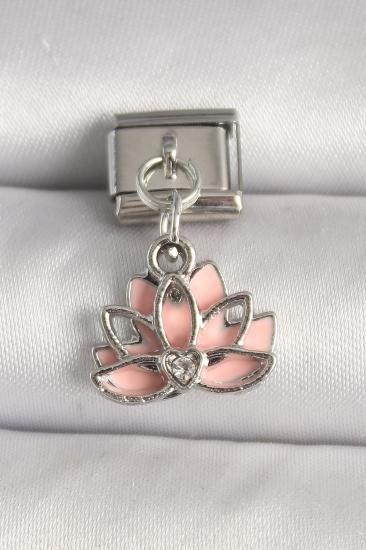 Erb 316L Çelik Gümüş Renk Pembe Lotus Model Zirkon Taş Detaylı Nomination Charm