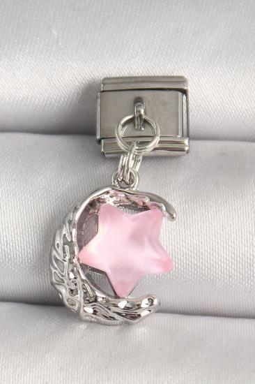Erb 316L Çelik Gümüş Renk Hilal Pembe Mineli Yıldız Model Nomination Charm