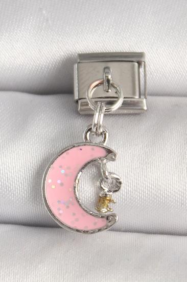 Erb 316L Çelik Gümüş Renk Pembe Simli Hilal Model Sallantı Detay Nomination Charm