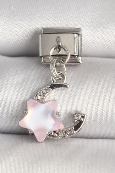 Erb 316L Çelik Gümüş Renk Zirkon Taşlı Hilal Pembe Mineli Yıldız Model Nomination Charm