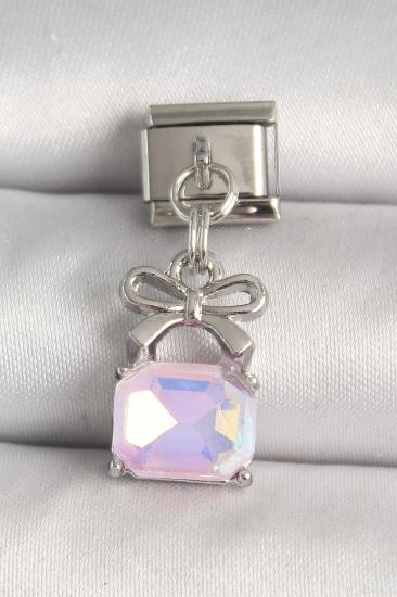 Erb 316L Çelik Gümüş Renk Pembe Zirkon Taşlı Çanta Model Nomination Charm