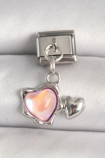 Erb 316L Çelik Gümüş Renk Pembe Mineli Kalp Model Nomination Charm