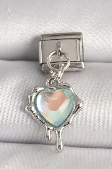 Erb 316L Çelik Gümüş Renk Mavi Hologram Mineli Eriyen Kalp Model Nomination Charm