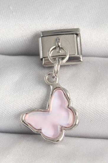 Erb 316L Çelik Gümüş Renk Pembe Kelebek Model Nomination Charm